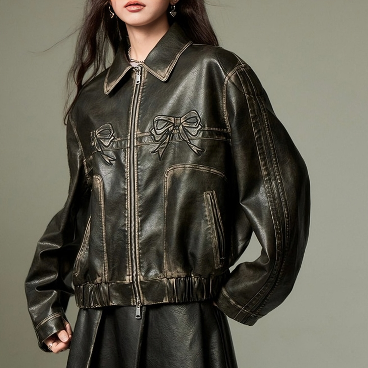 Leather Jacket |Bowknot Detail