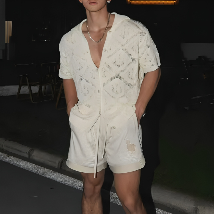 Open-Knit Crochet Polo Shirt