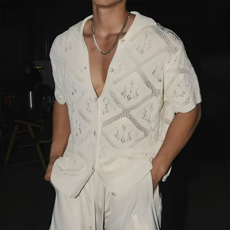 Open-Knit Crochet Polo Shirt