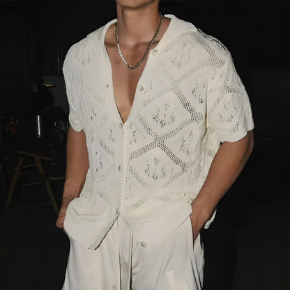 Open-Knit Crochet Polo Shirt