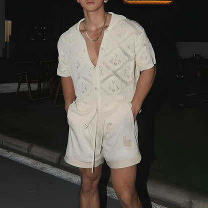 Open-Knit Crochet Polo Shirt